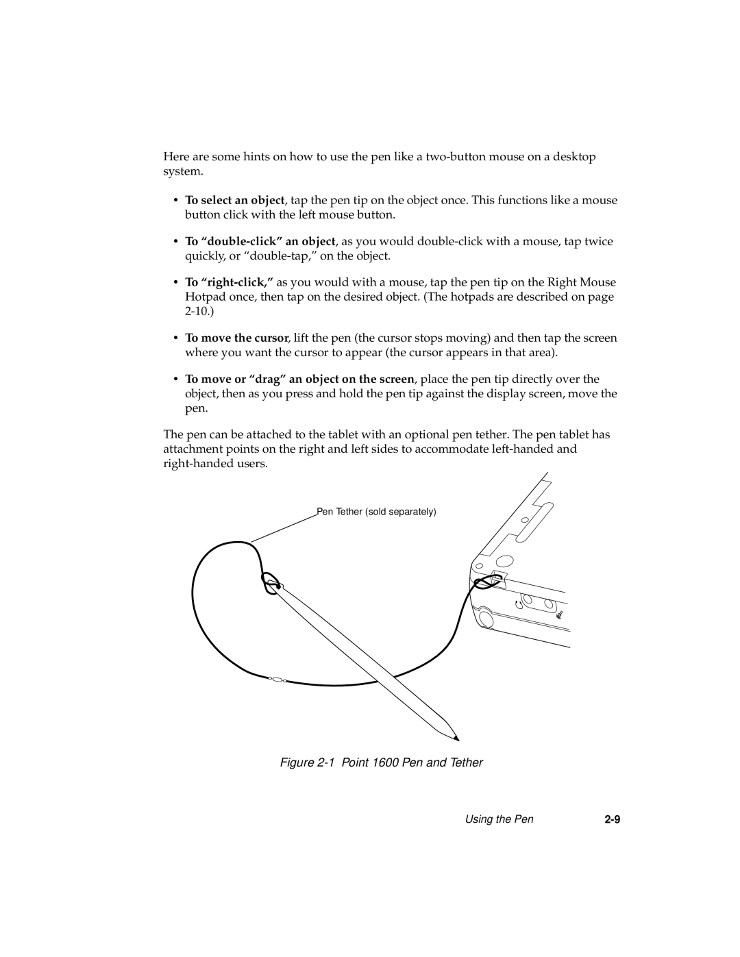 Fujitsu manual To double-click an object quickly, or double-tap, on, Point 1600 Pen and Tether 