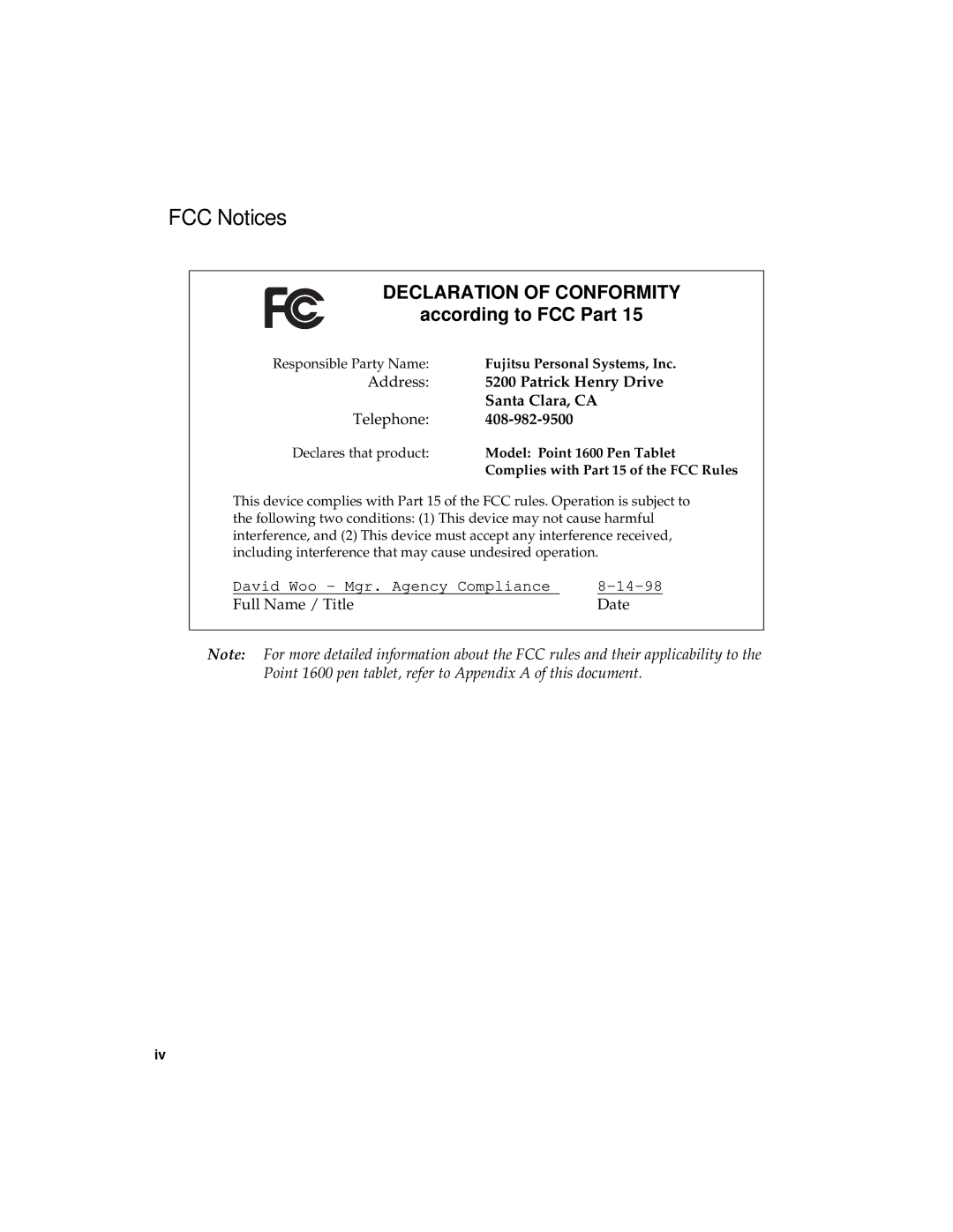 Fujitsu 1600 manual FCC Notices, Address Patrick Henry Drive Santa Clara, CA Telephone 