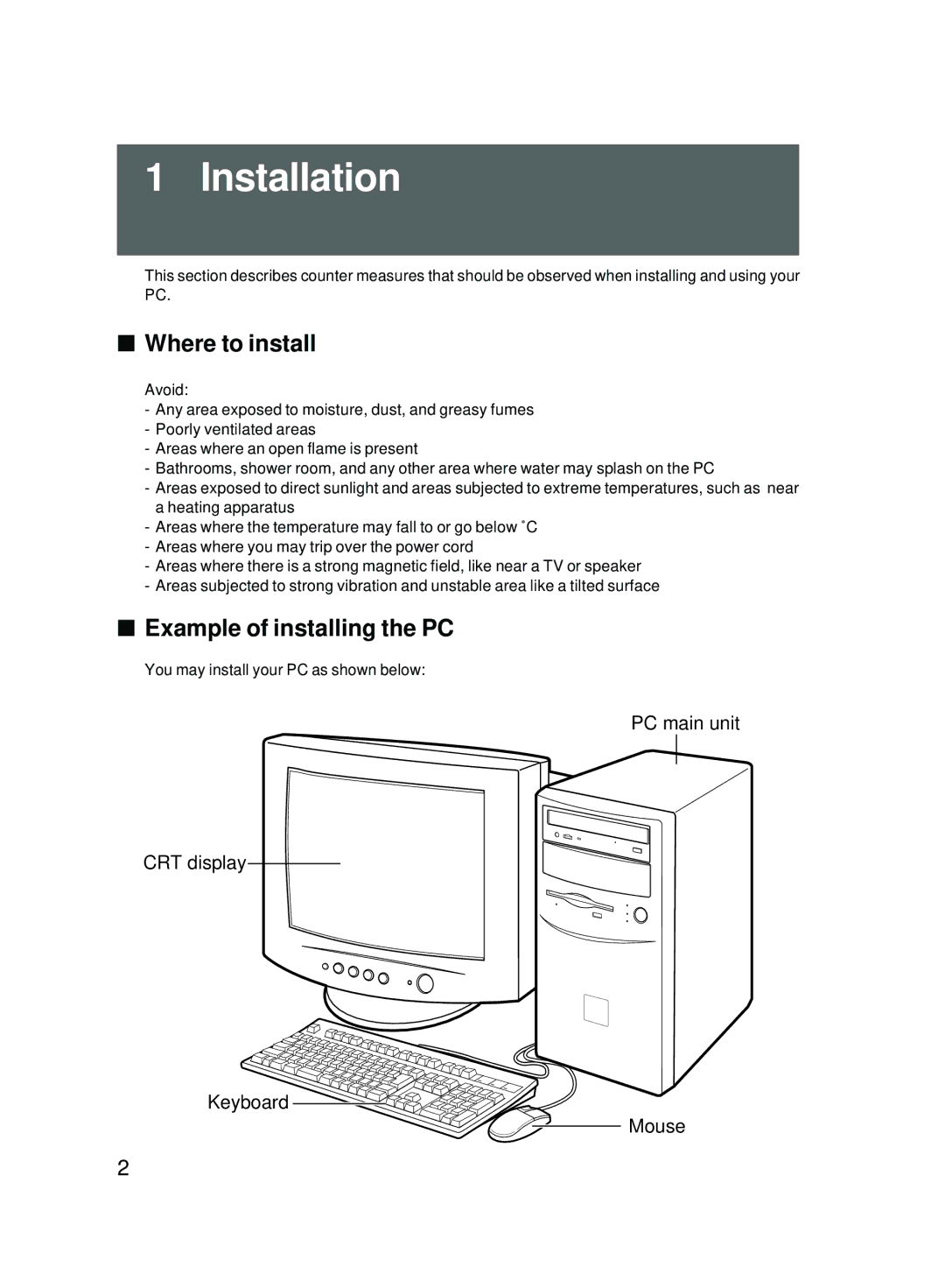 Fujitsu 2000 user manual Installation, Where to install, Example of installing the PC 