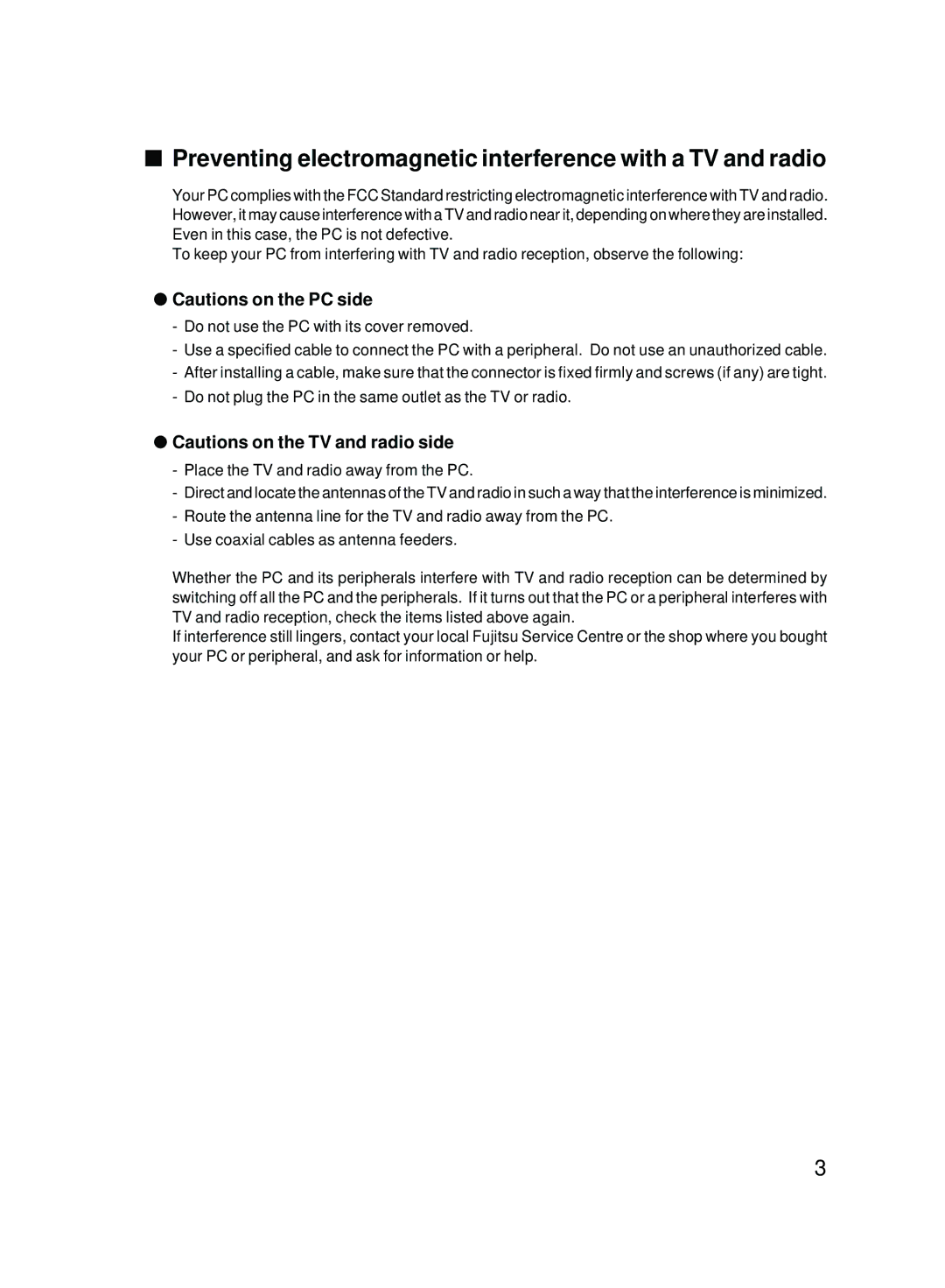 Fujitsu 2000 user manual Preventing electromagnetic interference with a TV and radio 