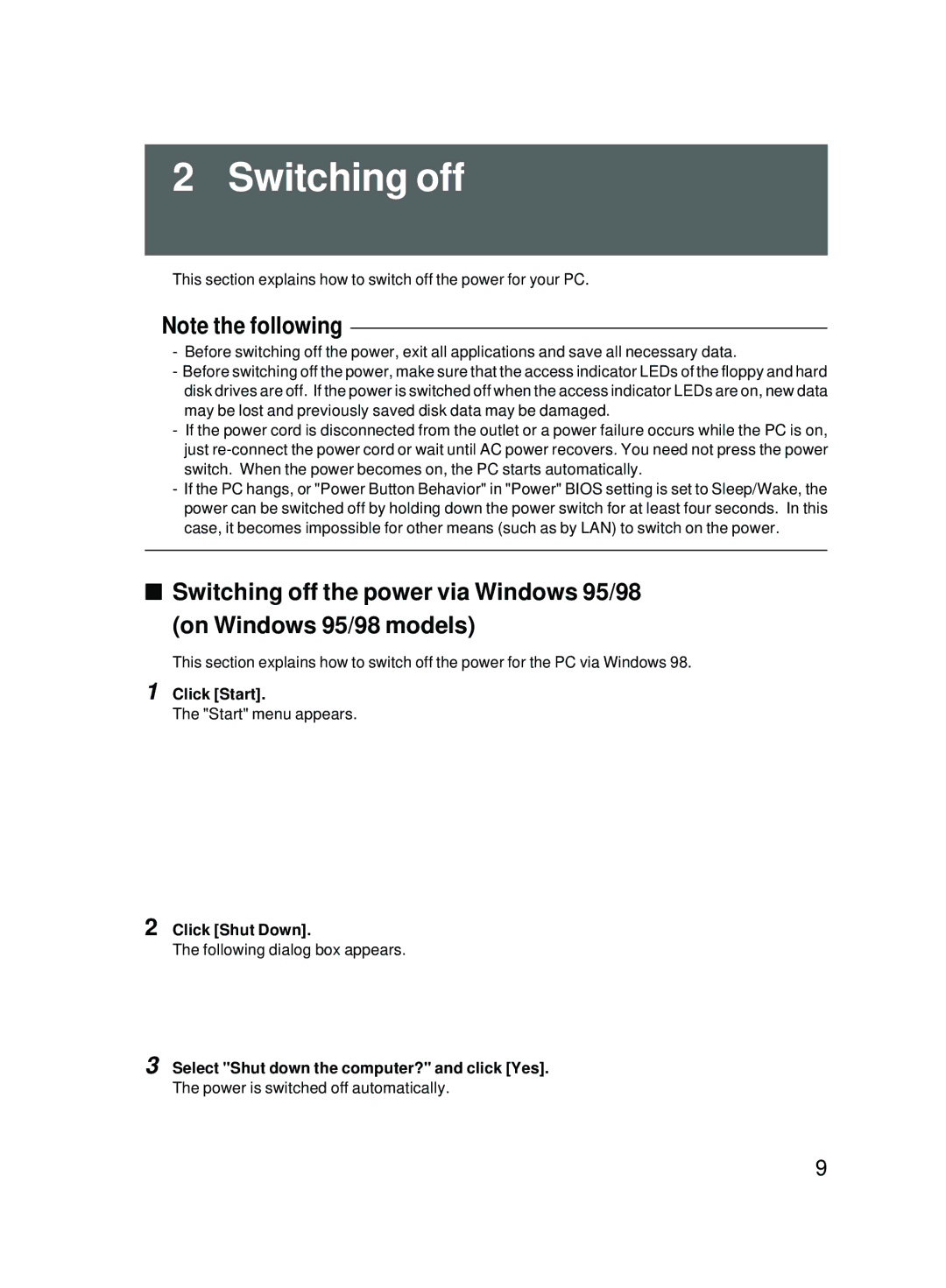 Fujitsu 2000 user manual Switching off, Click Start, Click Shut Down, Select Shut down the computer? and click Yes 