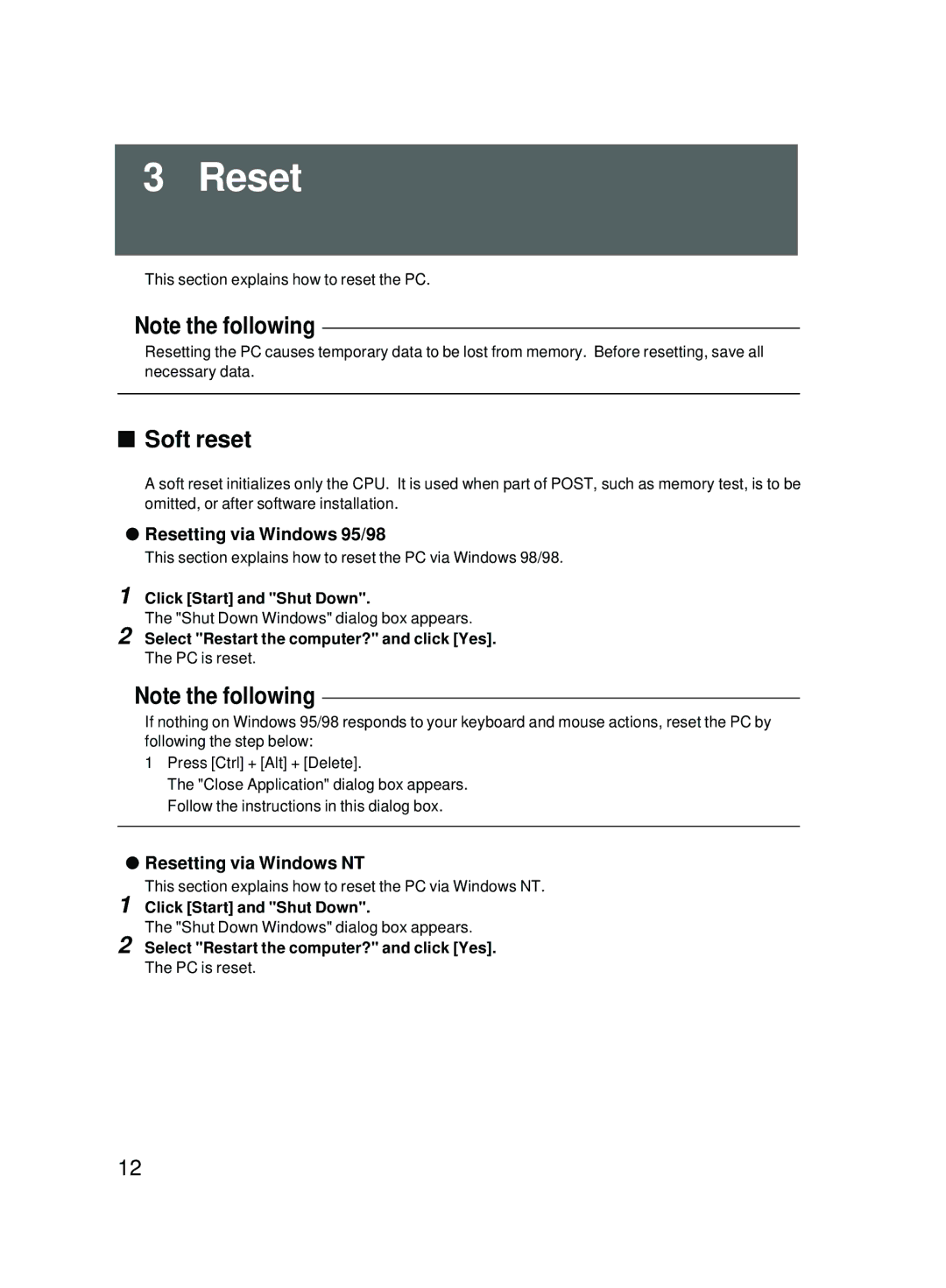 Fujitsu 2000 user manual Soft reset, Resetting via Windows 95/98, Resetting via Windows NT 