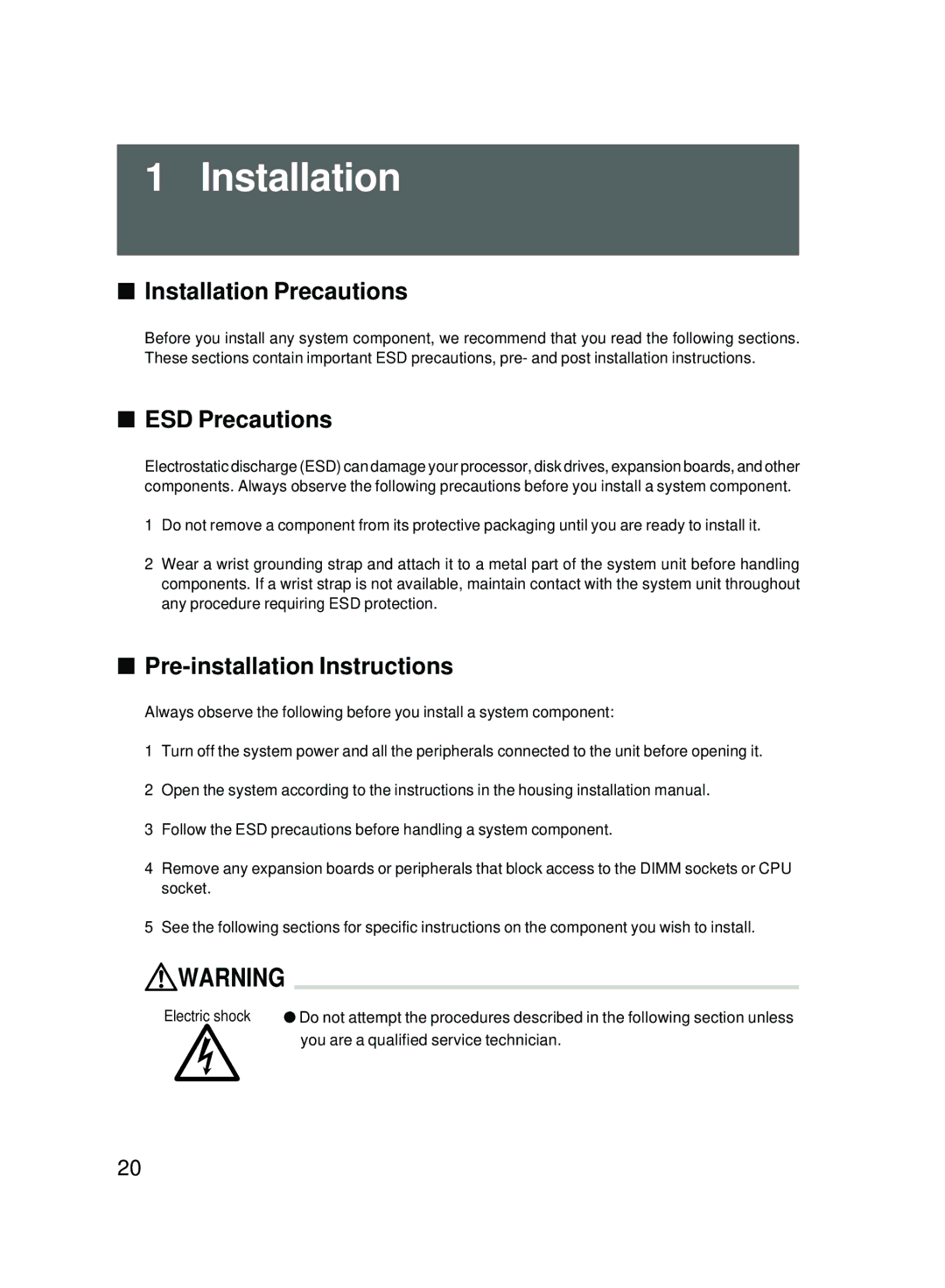 Fujitsu 2000 user manual Installation Precautions, ESD Precautions, Pre-installation Instructions 