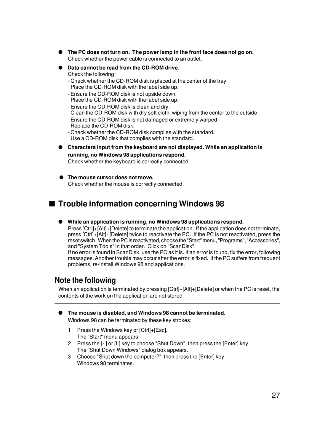 Fujitsu 2000 user manual Trouble information concerning Windows, Mouse cursor does not move 