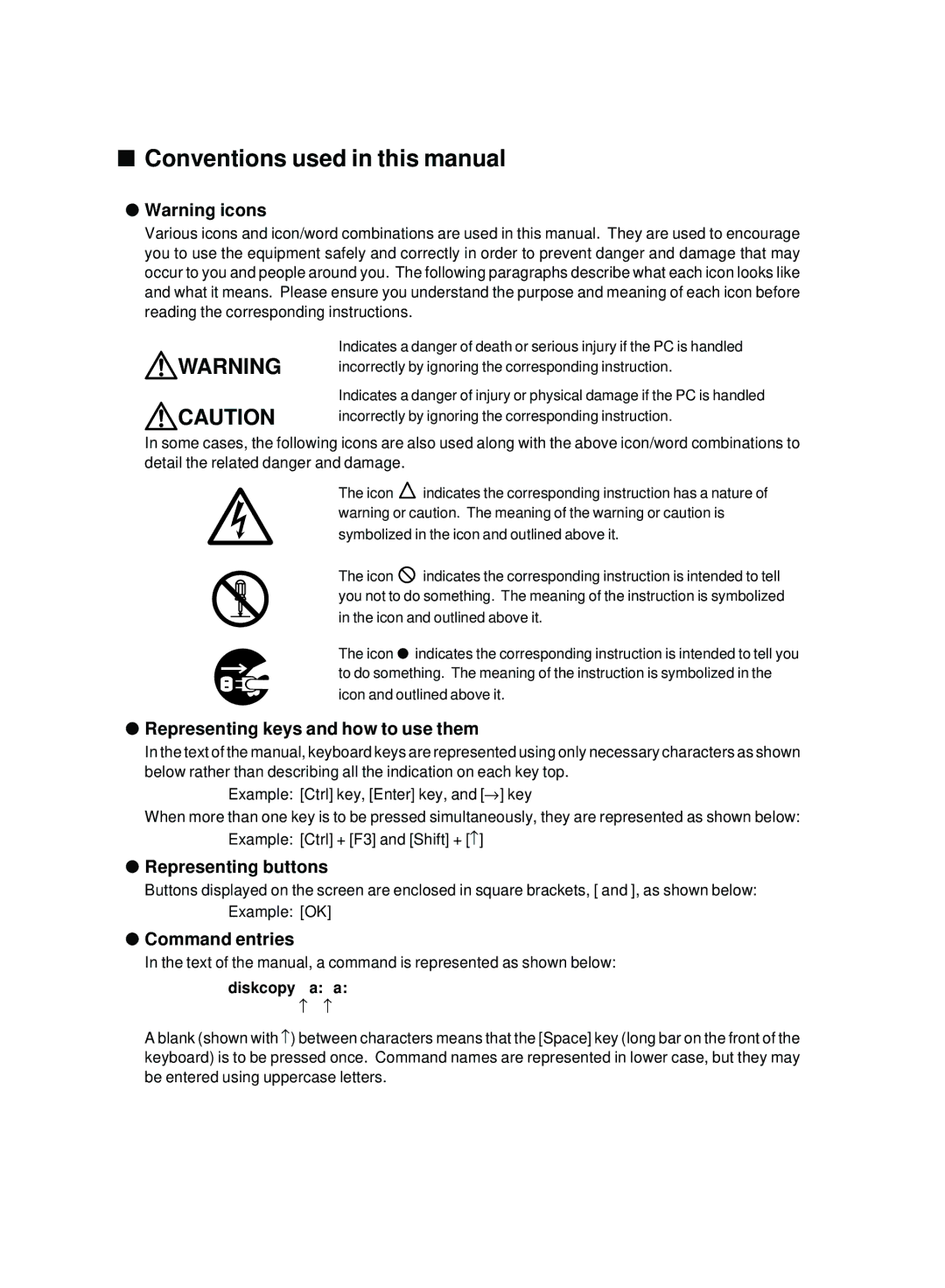 Fujitsu 2000 Conventions used in this manual, Representing keys and how to use them, Representing buttons, Command entries 