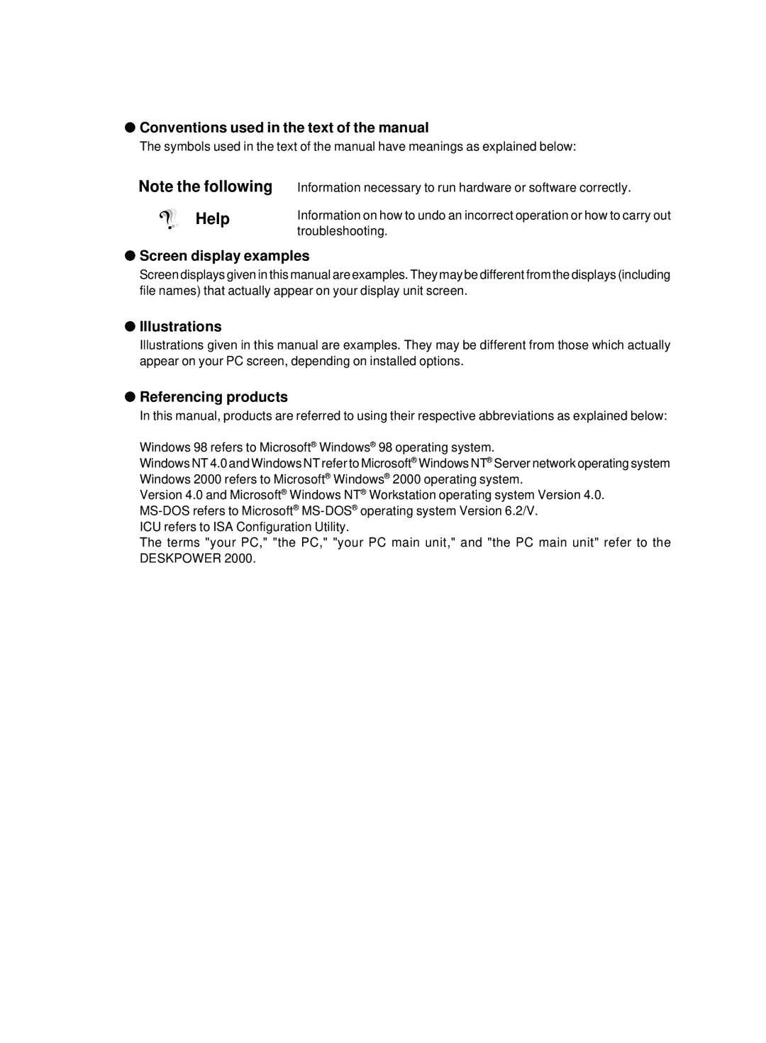 Fujitsu 2000 Conventions used in the text of the manual, Screen display examples, Illustrations, Referencing products 