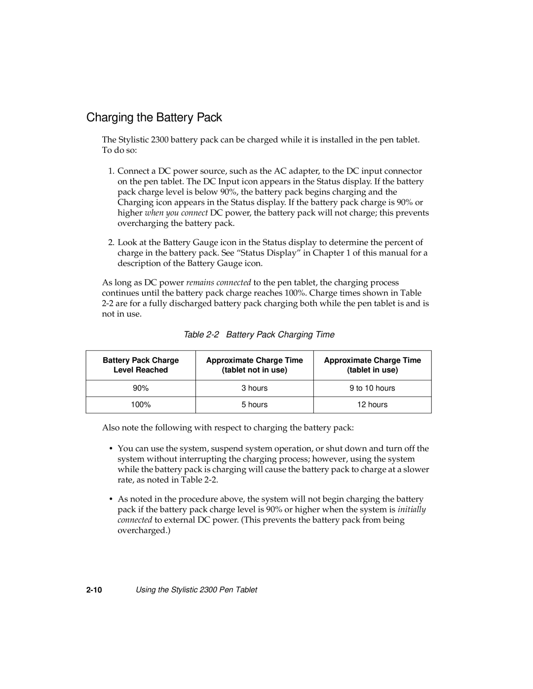 Fujitsu 2300 manual Charging the Battery Pack, Battery Pack Charging Time 