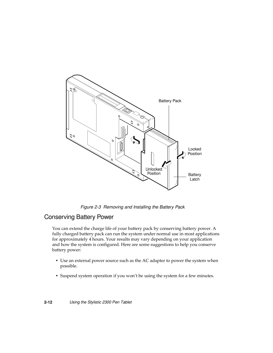 Fujitsu 2300 manual Conserving Battery Power, Removing and Installing the Battery Pack 