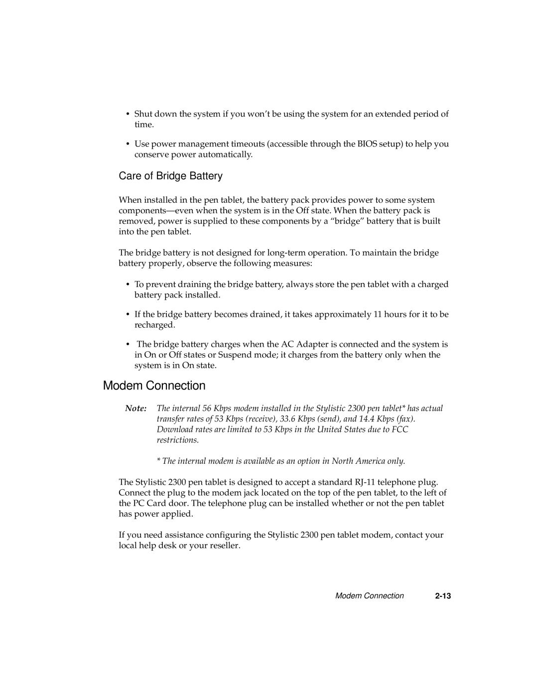 Fujitsu 2300 manual Modem Connection, Care of Bridge Battery 