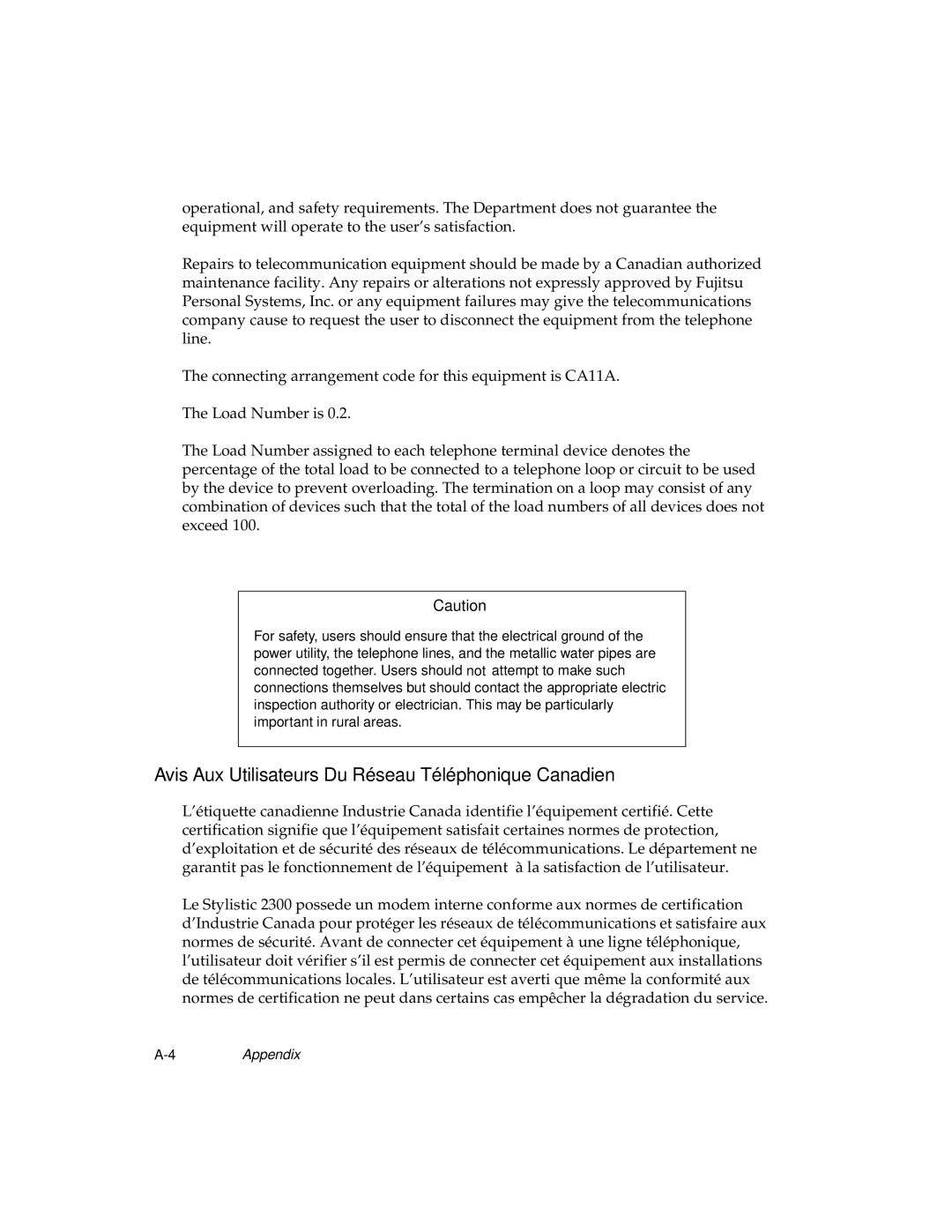 Fujitsu 2300 manual Avis Aux Utilisateurs Du Réseau Téléphonique Canadien 