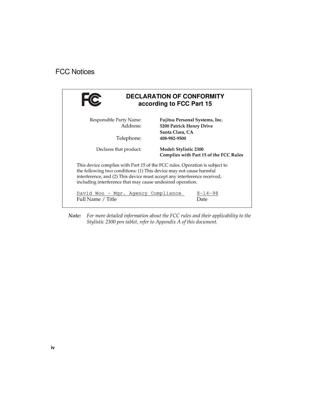 Fujitsu 2300 manual FCC Notices, Address, Telephone 