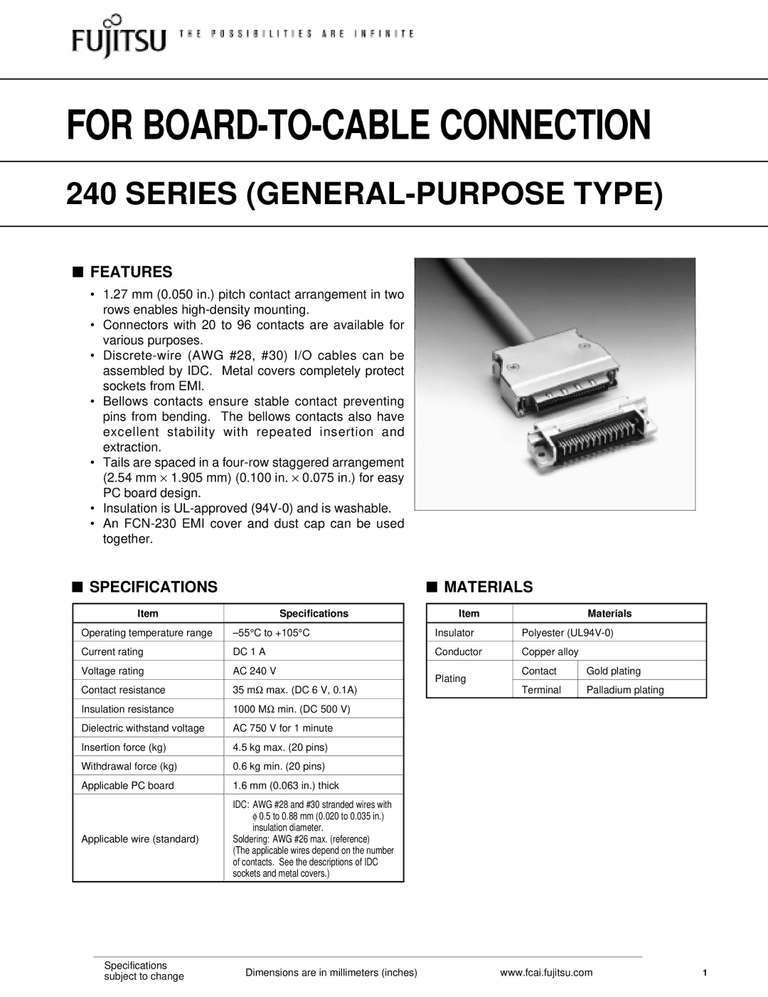 Fujitsu 240 specifications Features, Specifications, Materials 