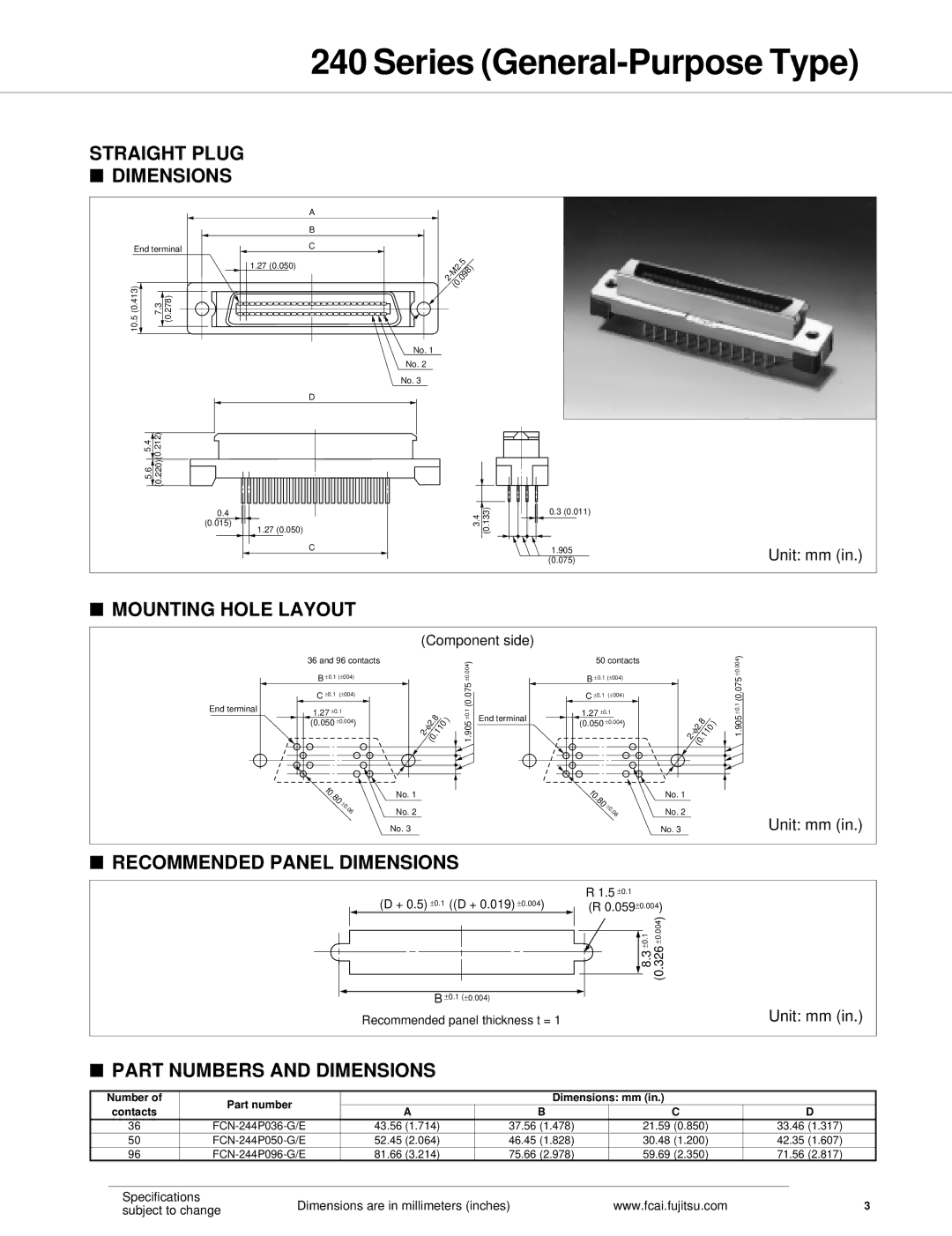 Fujitsu 240 Straight Plug Dimensions, Mounting Hole Layout, Recommended Panel Dimensions, Part Numbers and Dimensions 