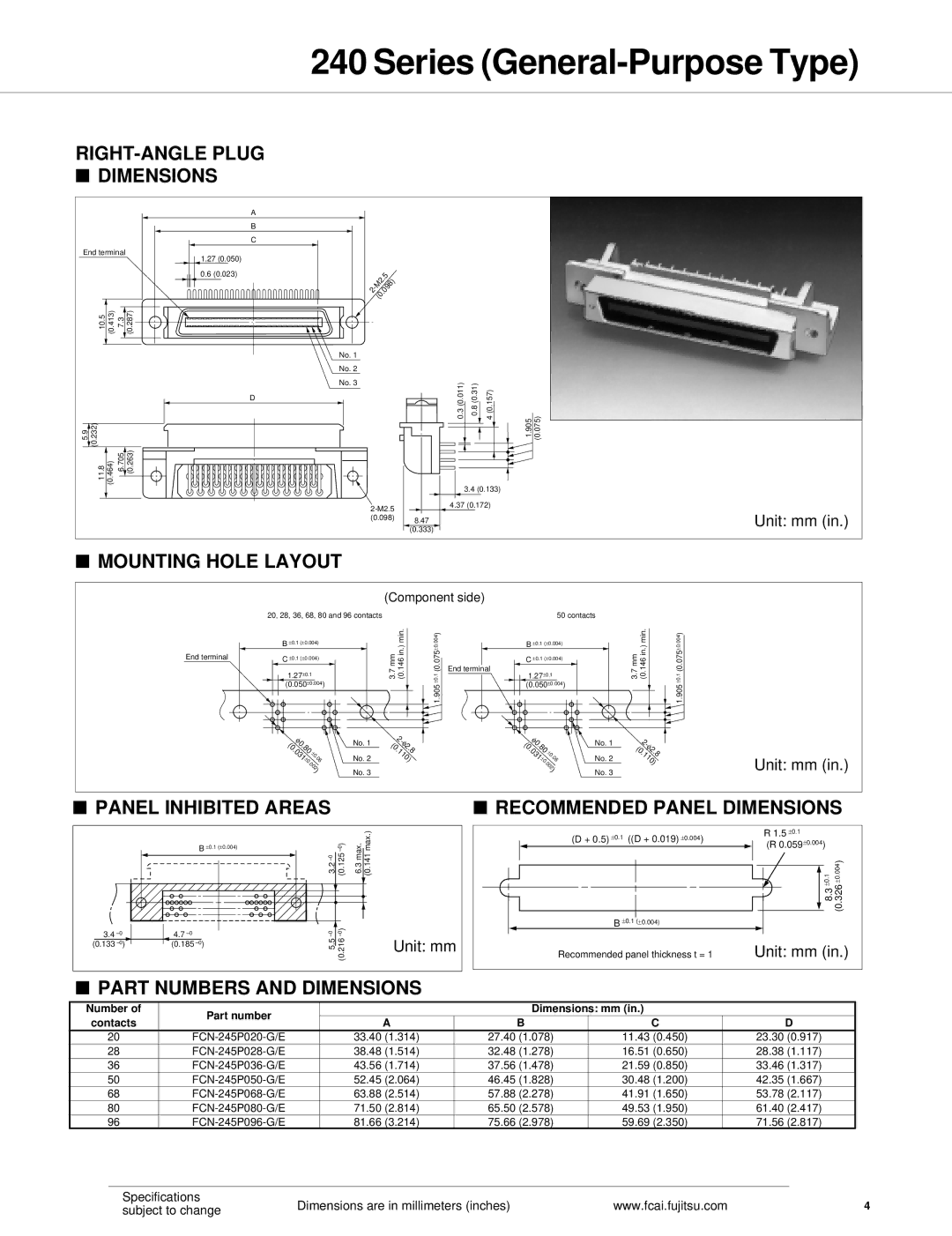 Fujitsu 240 specifications RIGHT-ANGLE Plug Dimensions, Panel Inhibited Areas, Number Part number Dimensions mm 