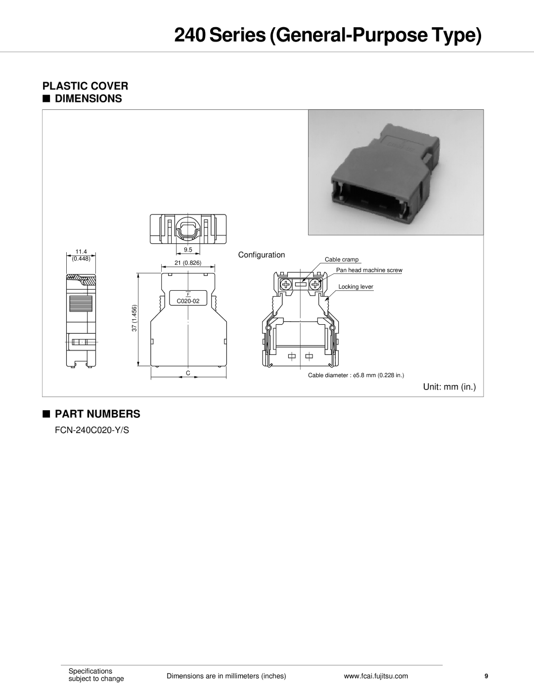 Fujitsu 240 specifications Plastic Cover Dimensions, Part Numbers 