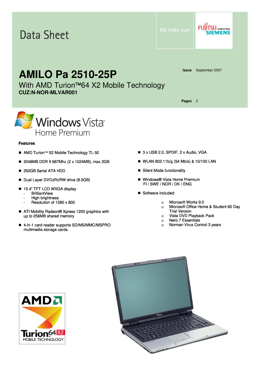 Fujitsu manual CUZN-NOR-MLVAR001, AMILO Pa 2510-25P, With AMD Turion64 X2 Mobile Technology 