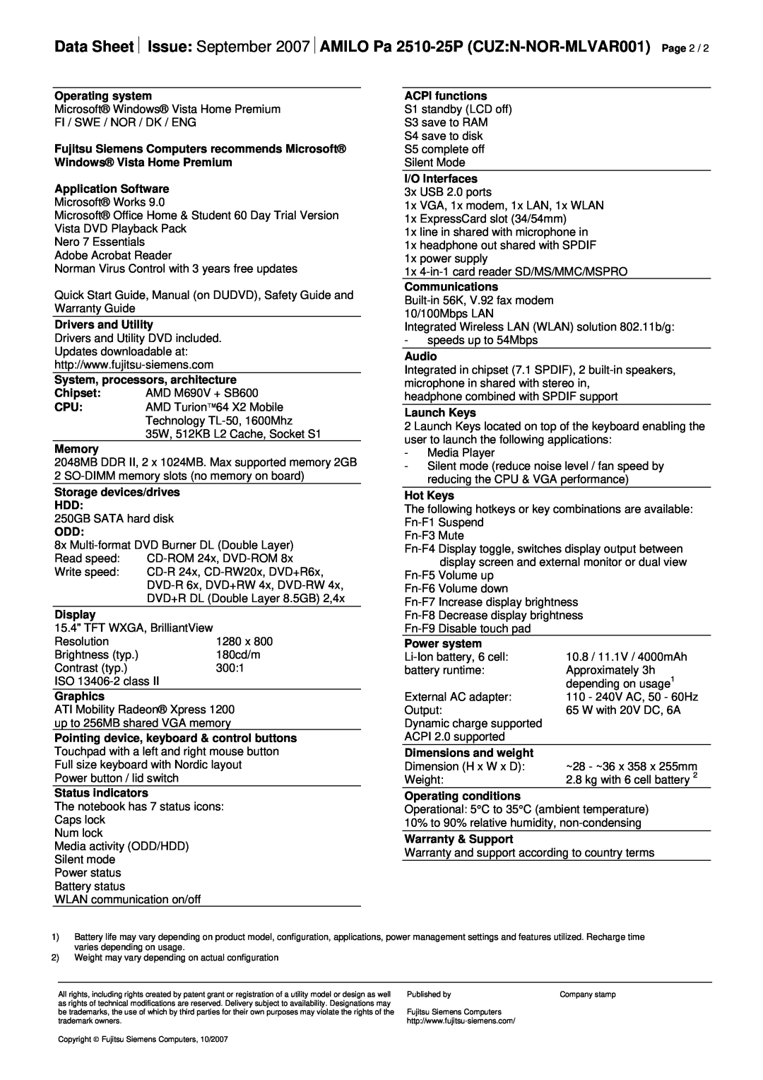 Fujitsu 2510-25P manual Operating system 