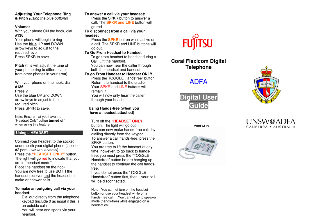 Fujitsu 280D-HS manual Adjusting Your Telephone Ring, Volume, #136 Press, To make an outgoing call via your headset 