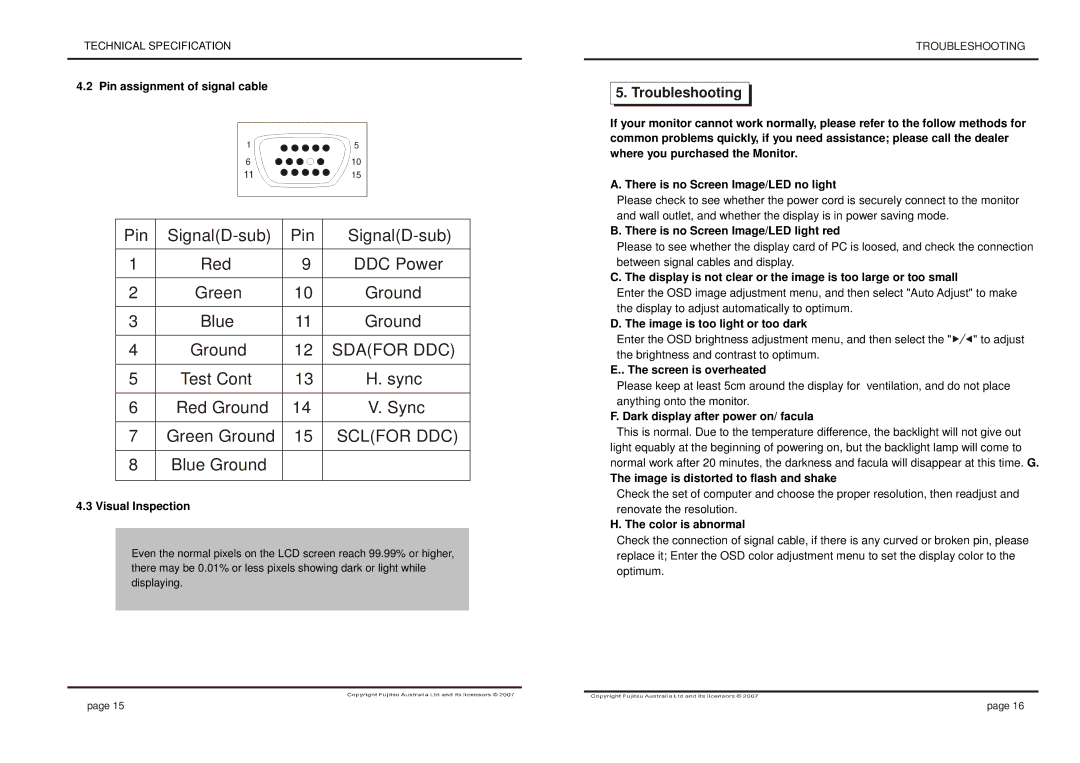 Fujitsu 280X1024@75Hz manual Pin assignment of signal cable, Visual Inspection, There is no Screen Image/LED light red 