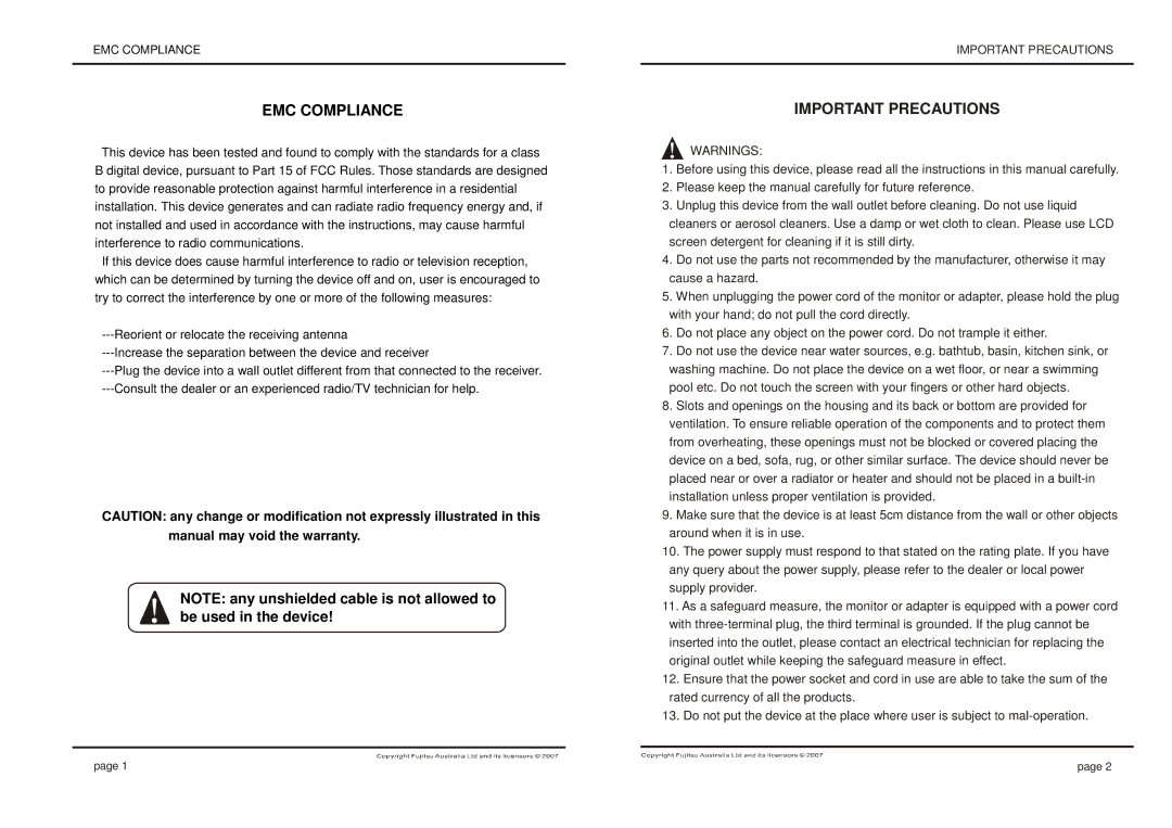 Fujitsu 280X1024@75Hz manual Important Precautions 