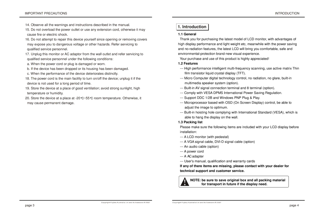 Fujitsu 280X1024@75Hz manual General, Features, Packing list 