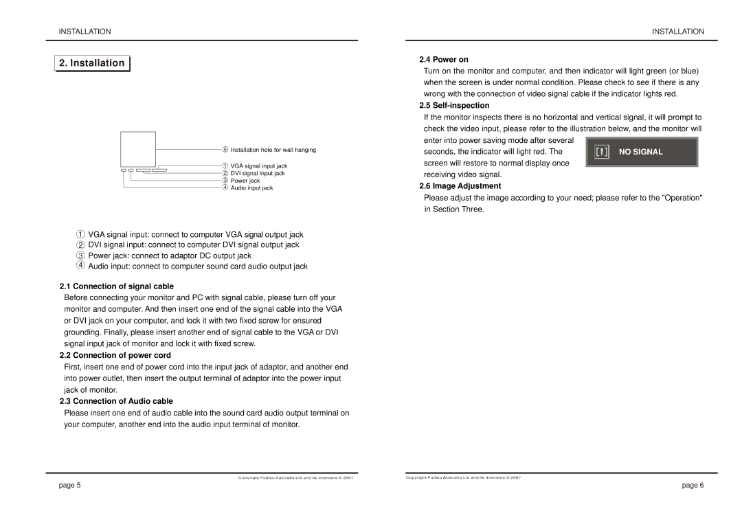 Fujitsu 280X1024@75Hz manual Connection of signal cable, Connection of power cord, Connection of Audio cable, Power on 