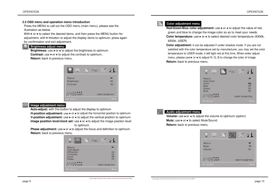 Fujitsu 280X1024@75Hz manual OSD menu and operation menu introduction, Brightness adjust menu 