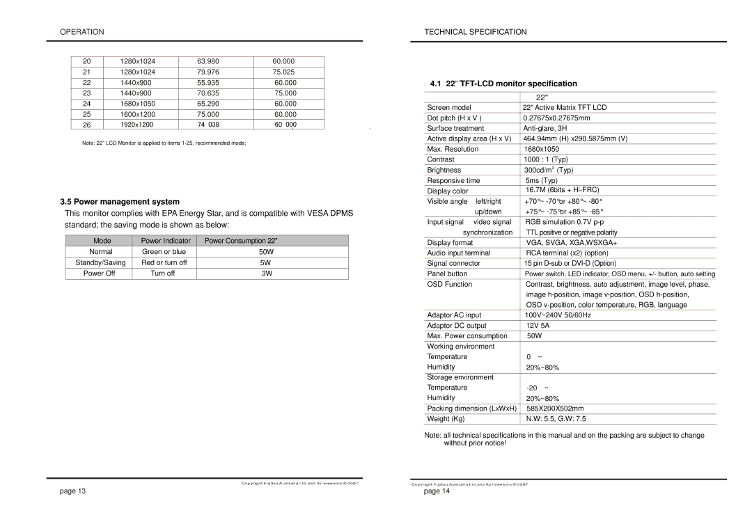 Fujitsu 280X1024@75Hz manual Power management system, TFT-LCD monitor specification 