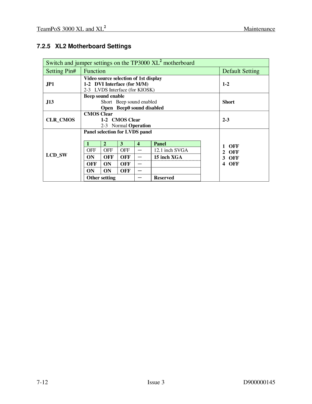 Fujitsu manual TeamPoS 3000 XL and XL2 Maintenance, 5 XL2 Motherboard Settings 