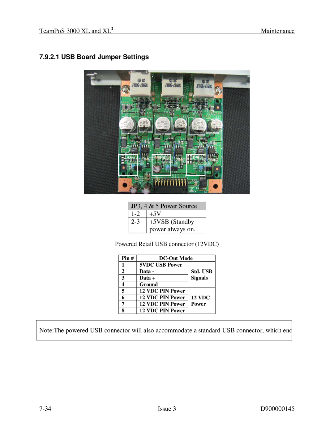 Fujitsu 3000 XL manual USB Board Jumper Settings, JP3, 4 & 5 Power Source +5V +5VSB Standby Power always on 