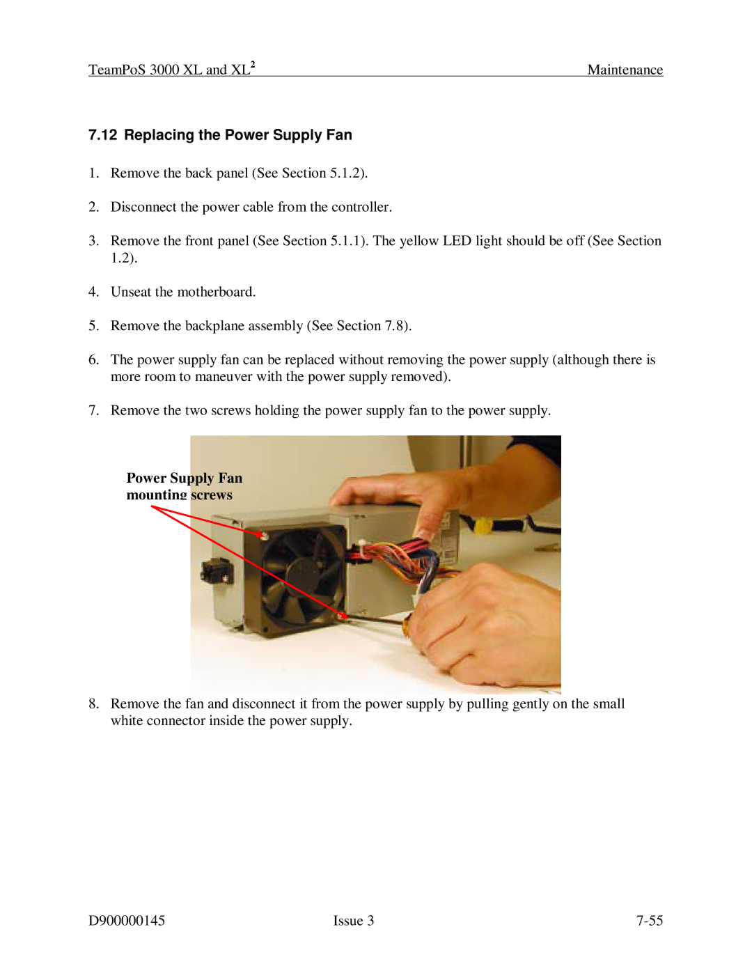 Fujitsu 3000 XL manual Replacing the Power Supply Fan, Power Supply Fan mounting screws 