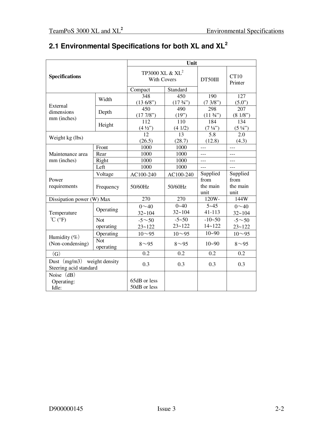 Fujitsu 3000 XL manual Environmental Specifications for both XL and XL2 