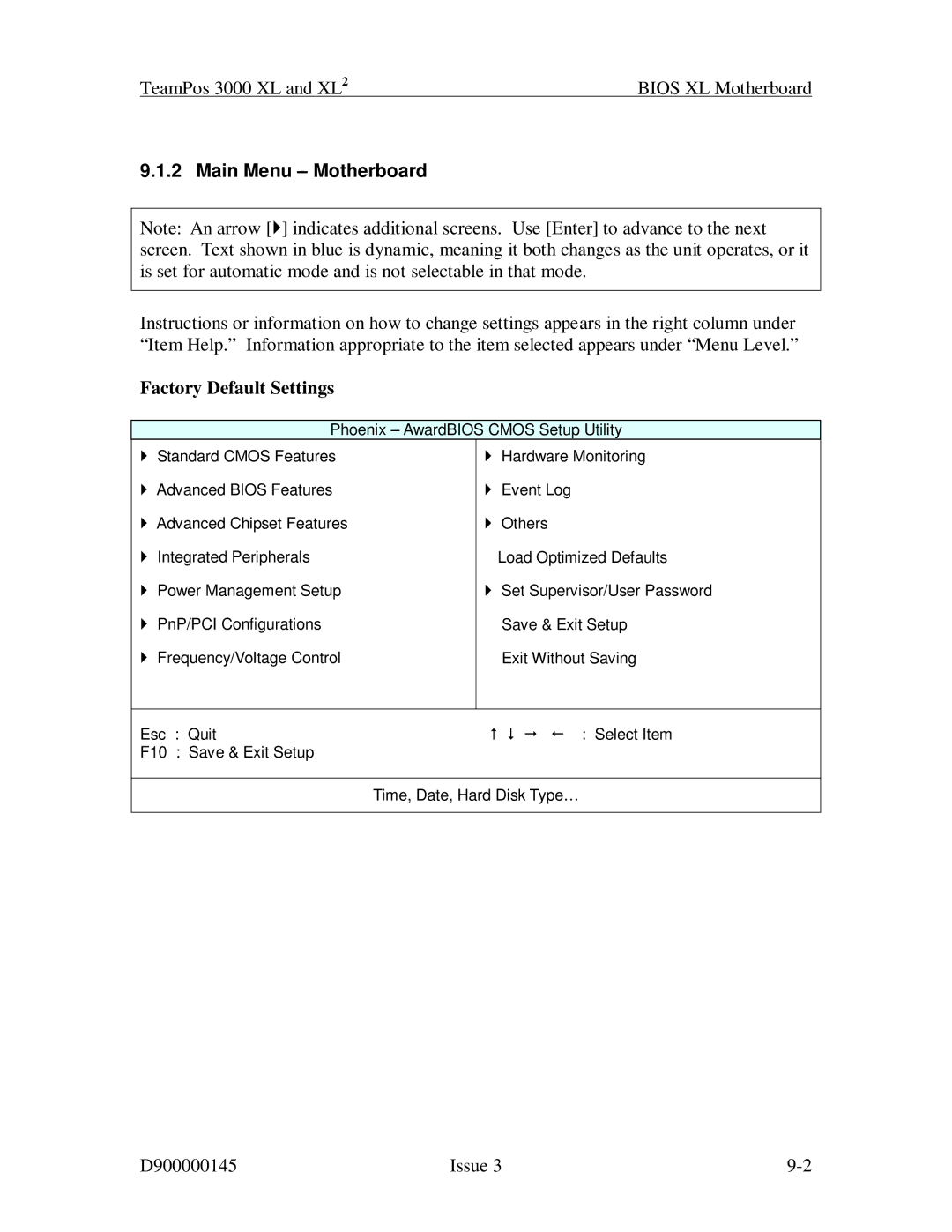 Fujitsu 3000 XL manual Main Menu Motherboard, Factory Default Settings 