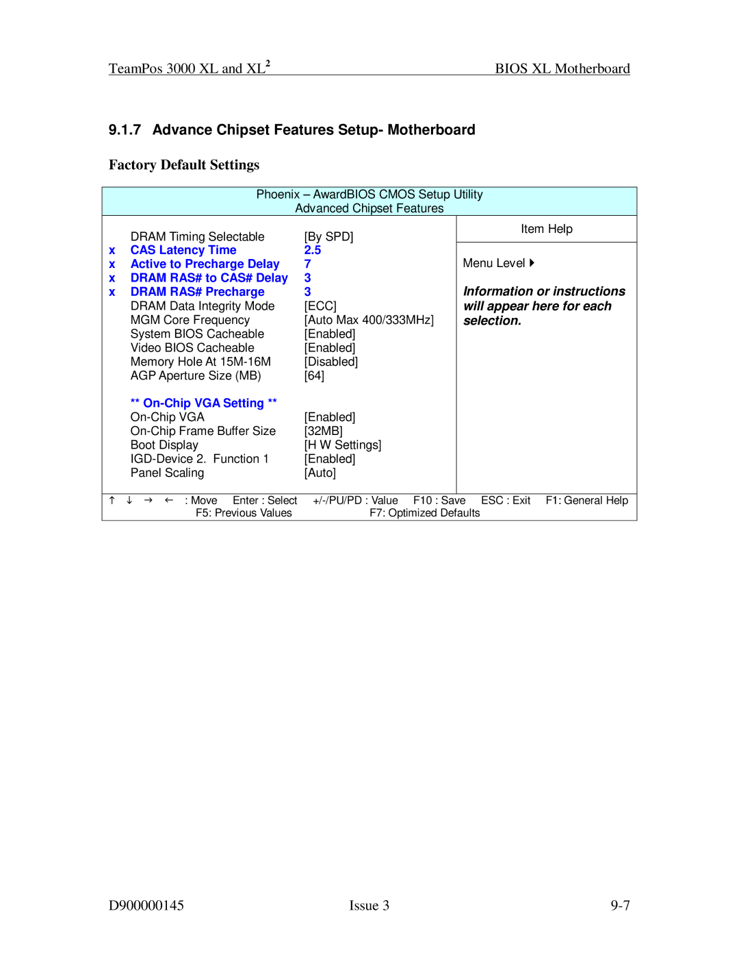 Fujitsu 3000 XL manual Advance Chipset Features Setup- Motherboard, On-Chip VGA Setting 