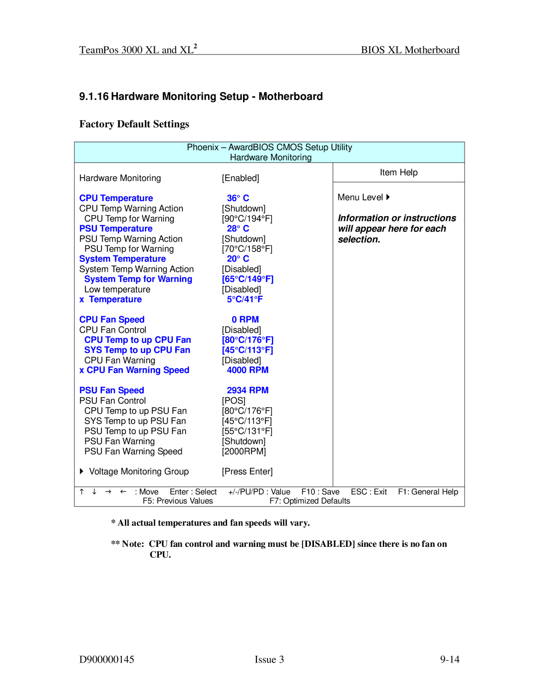 Fujitsu 3000 XL manual Hardware Monitoring Setup Motherboard, Rpm 