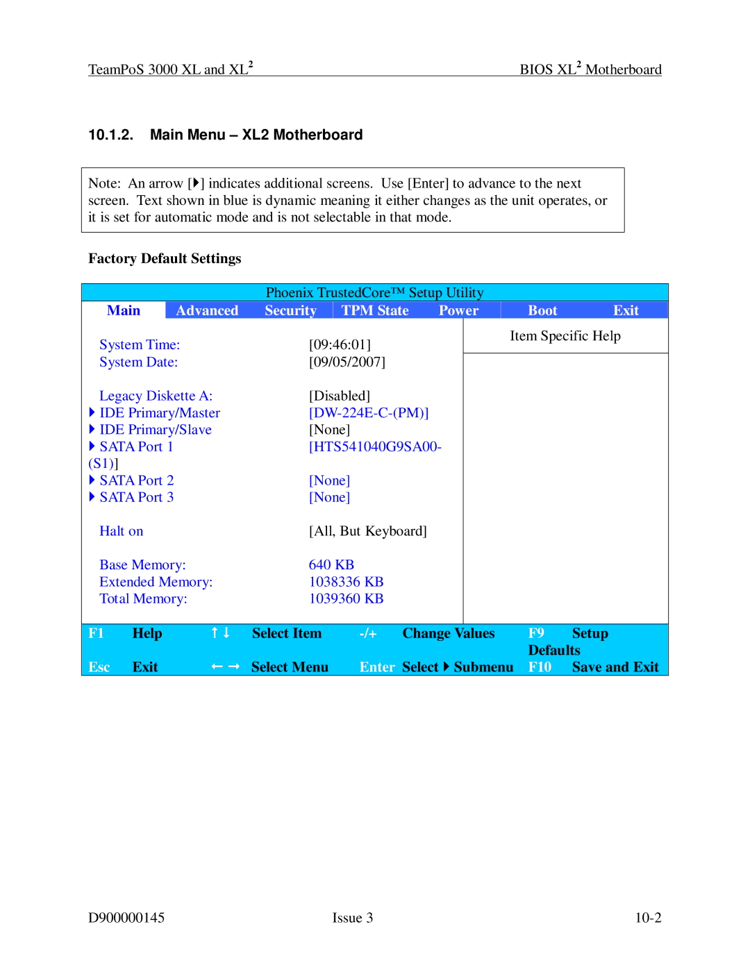 Fujitsu 3000 XL manual Main Menu XL2 Motherboard, Advanced Security TPM State Power Boot Exit 