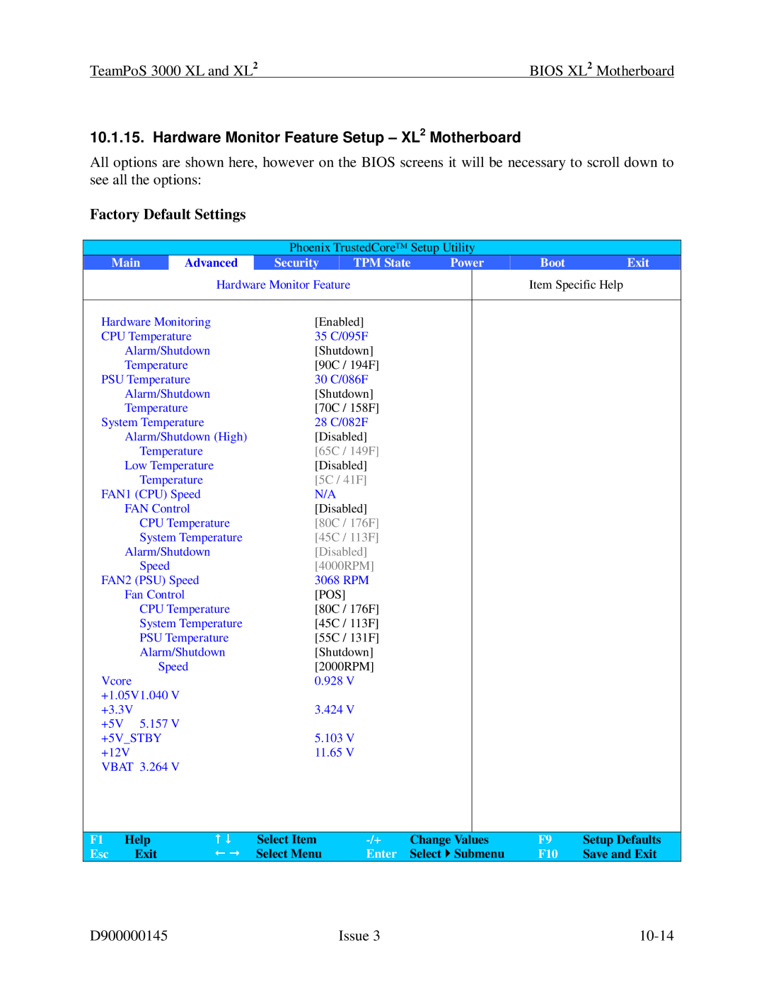 Fujitsu 3000 XL manual Hardware Monitor Feature Setup XL2 Motherboard, Security TPM State Power Boot Exit 