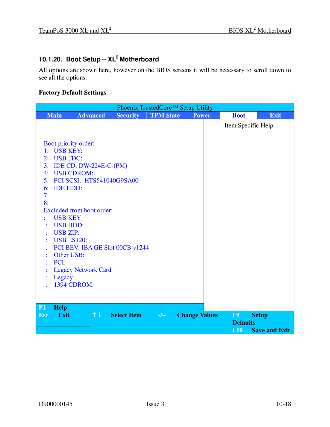 Fujitsu 3000 XL manual Boot Setup XL2 Motherboard, Exit   Select Item Change Values Setup Defaults 