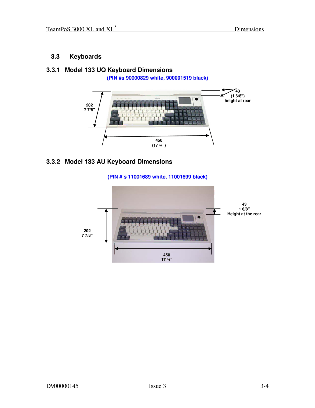 Fujitsu 3000 XL manual Keyboards Model 133 UQ Keyboard Dimensions, Model 133 AU Keyboard Dimensions 