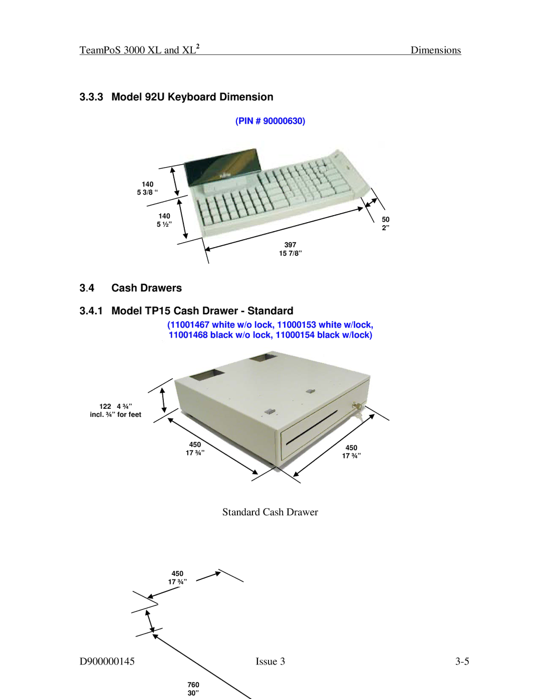 Fujitsu 3000 XL manual Model 92U Keyboard Dimension, Cash Drawers Model TP15 Cash Drawer Standard 