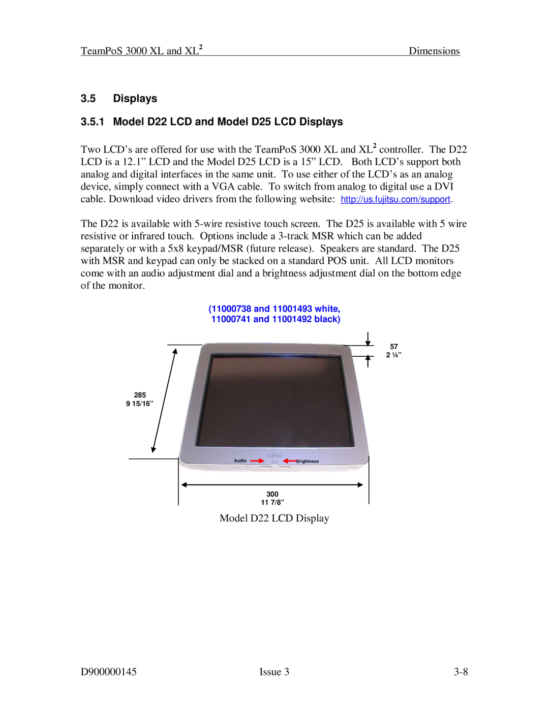 Fujitsu 3000 XL manual Displays Model D22 LCD and Model D25 LCD Displays 