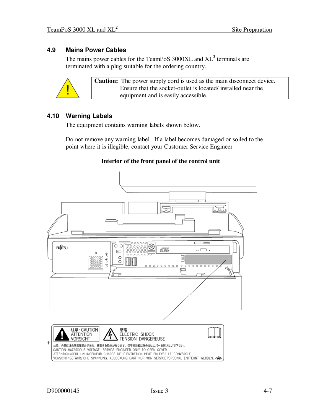 Fujitsu 3000 XL manual Mains Power Cables, Interior of the front panel of the control unit 