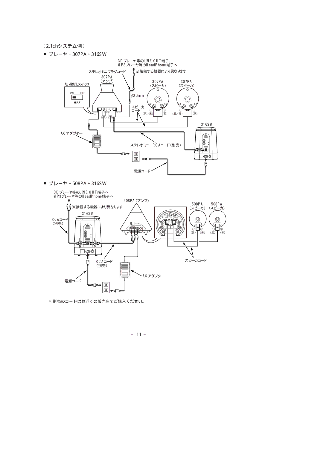 Fujitsu manual 〔2.1chシステム例〕, プレーヤ＋307PA＋316SW 