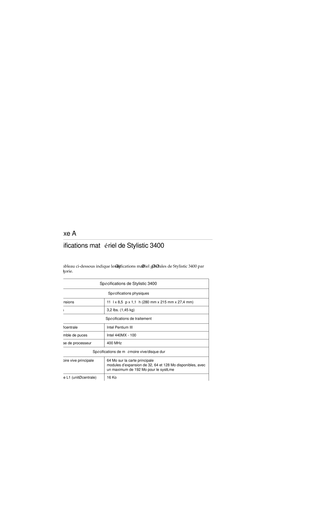 Fujitsu 3400 manual Spécifications maté riel de Stylistic, Spé cifications de traitement 