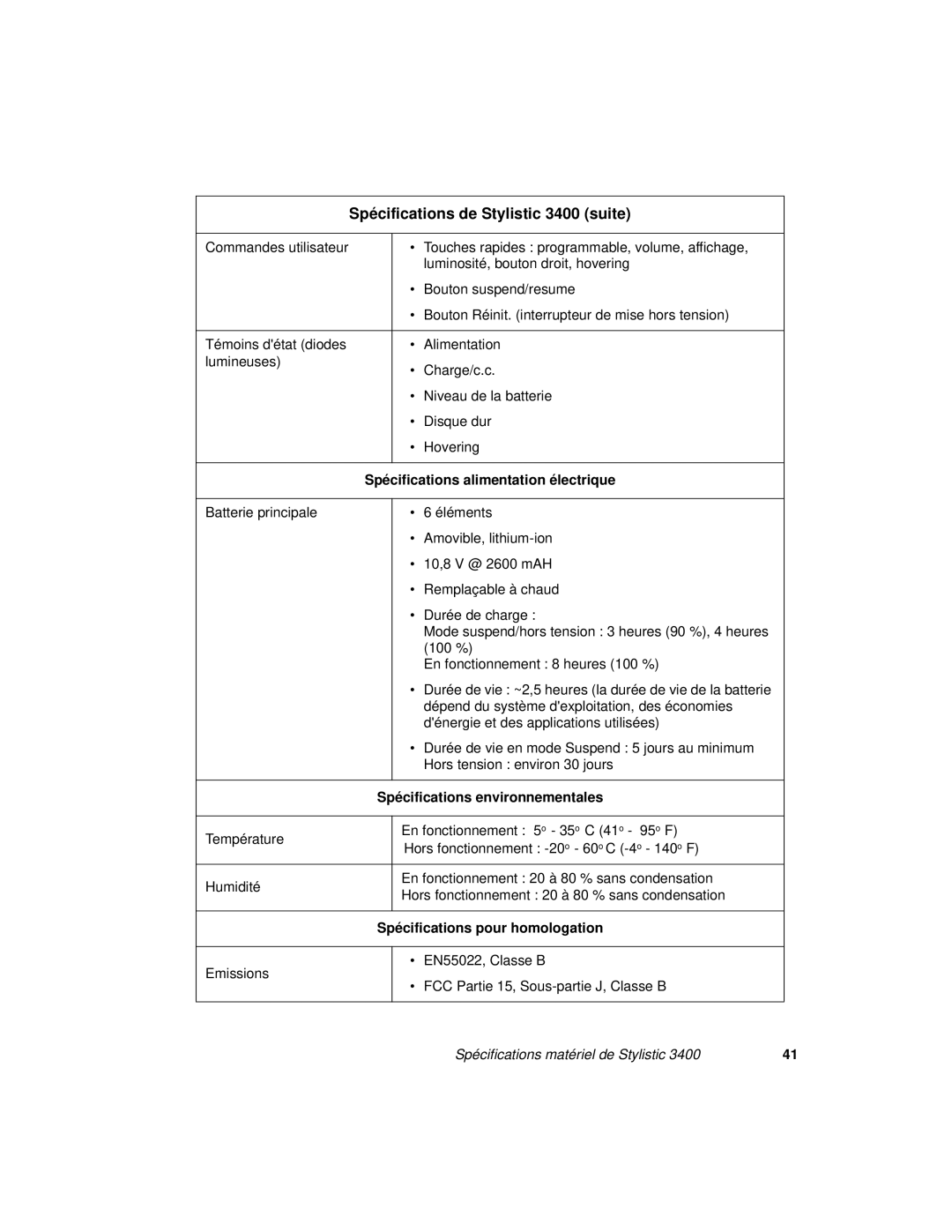 Fujitsu 3400 manual Spé cifications pour homologation 