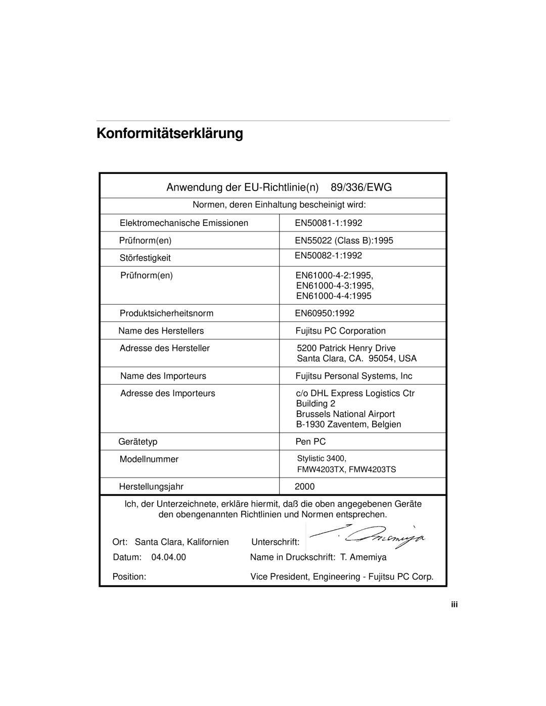 Fujitsu 3400 manual Konformitätserklärung, Anwendung der EU-Richtlinien 89/336/EWG 