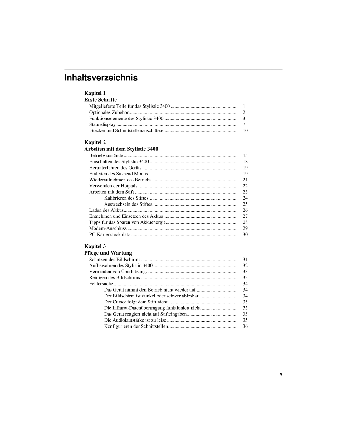 Fujitsu 3400 manual Kapitel Erste Schritte, Kapitel Arbeiten mit dem Stylistic, Kapitel Pflege und Wartung 