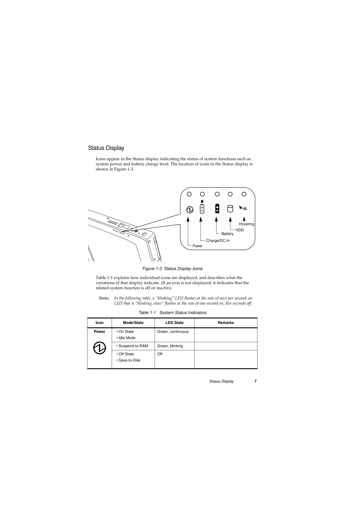 Fujitsu 3400 manual Status Display, System Status Indicators, Icon Mode/State LED State Remarks 