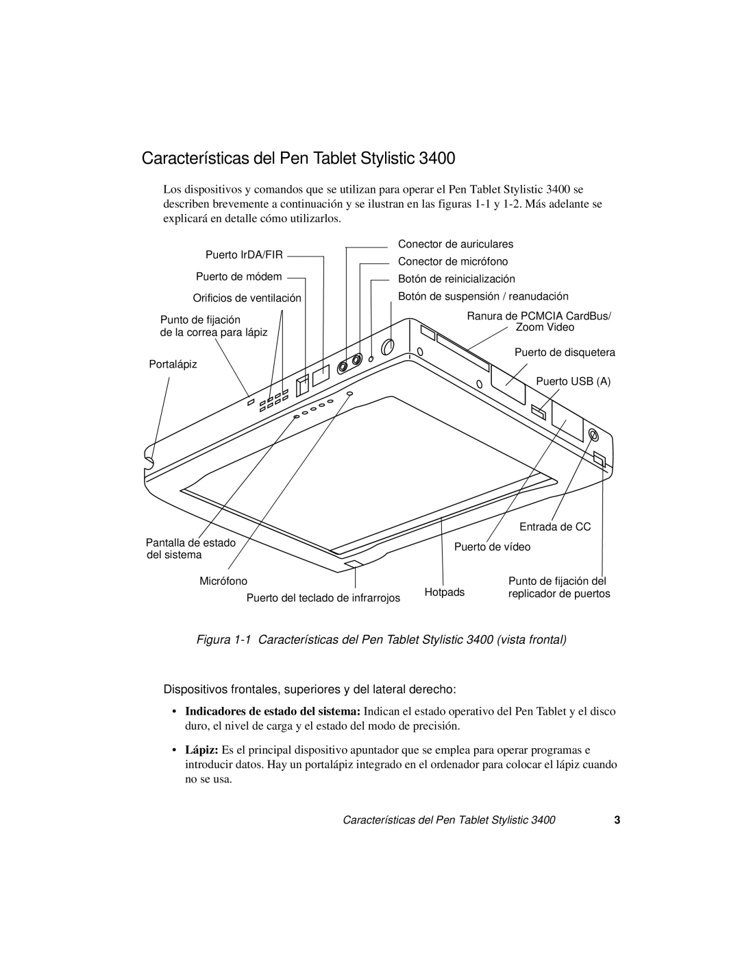 Fujitsu 3400 manual Características del Pen Tablet Stylistic, Dispositivos frontales, superiores y del lateral derecho 