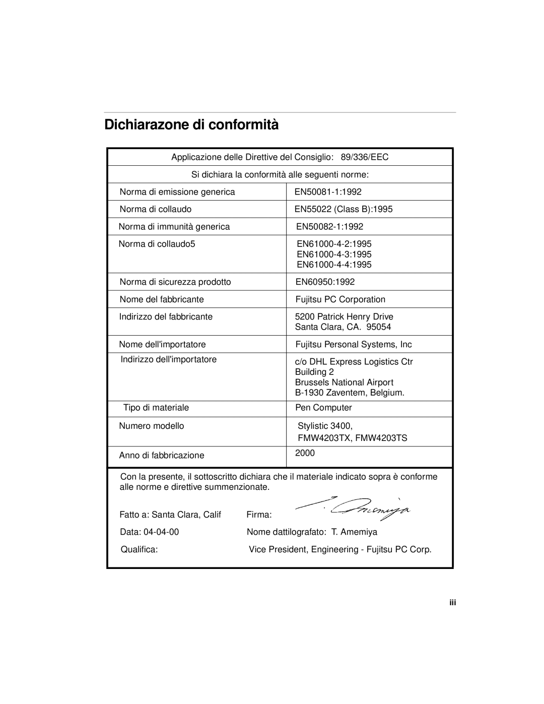 Fujitsu 3400 manual Dichiarazone di conformità, Iii 